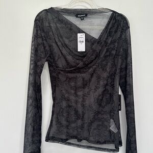 Express Black Sheer lace Cowl-Neck Long Sleeve Top NWT Size XS